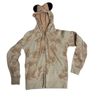DISNEY Parks Minnie Mouse Womens Pink Gray Bow And Ears Full Zip Hoodie Sz XS‎
